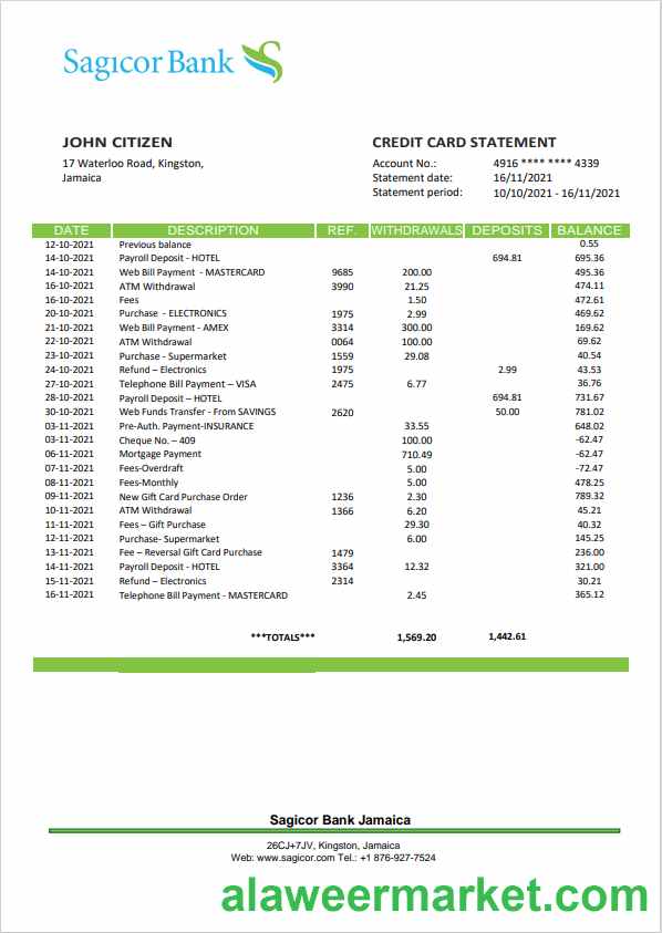 Jamaica Sagicor Bank statement template, Word and PDF format (.doc and .pdf)